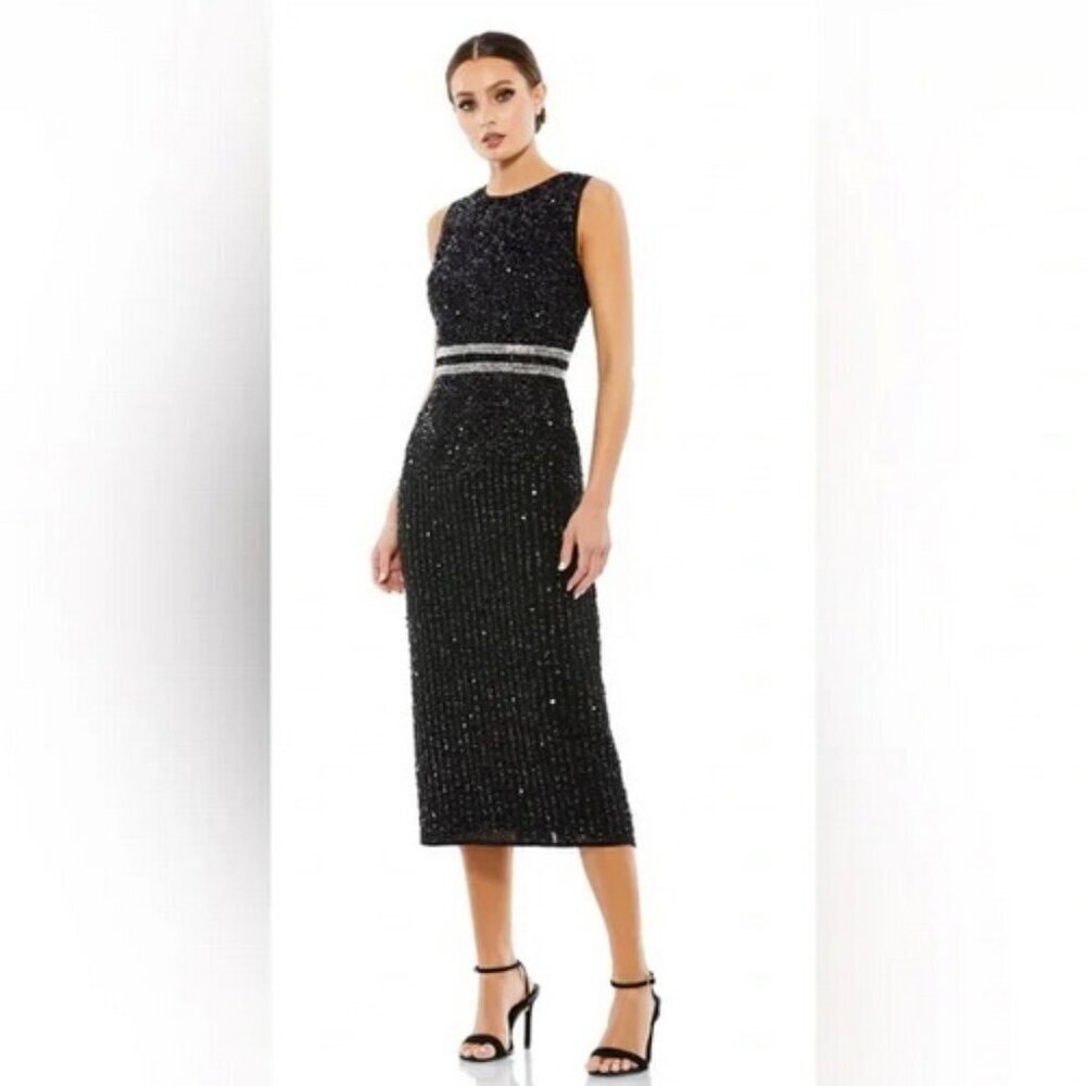 Mac Duggal Black Sequin Sleeveless Sheath Midi Cocktail Dress